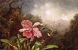Martin Johnson Heade Canvas Paintings - Two Hummingbirds by an Orchid